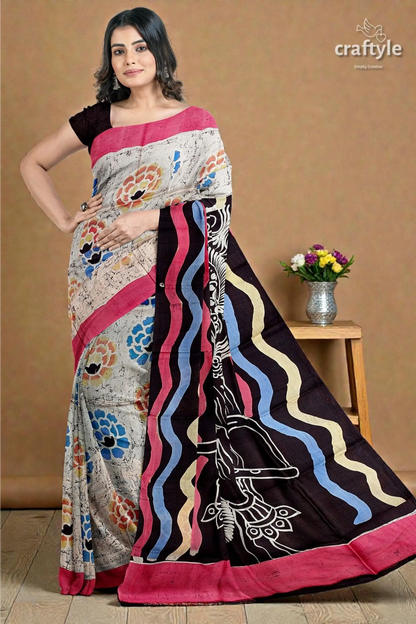 Sri krishna painted hand batik mulberry pure silk saree - 5