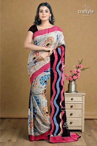 Sri krishna painted hand batik mulberry pure silk saree - 6