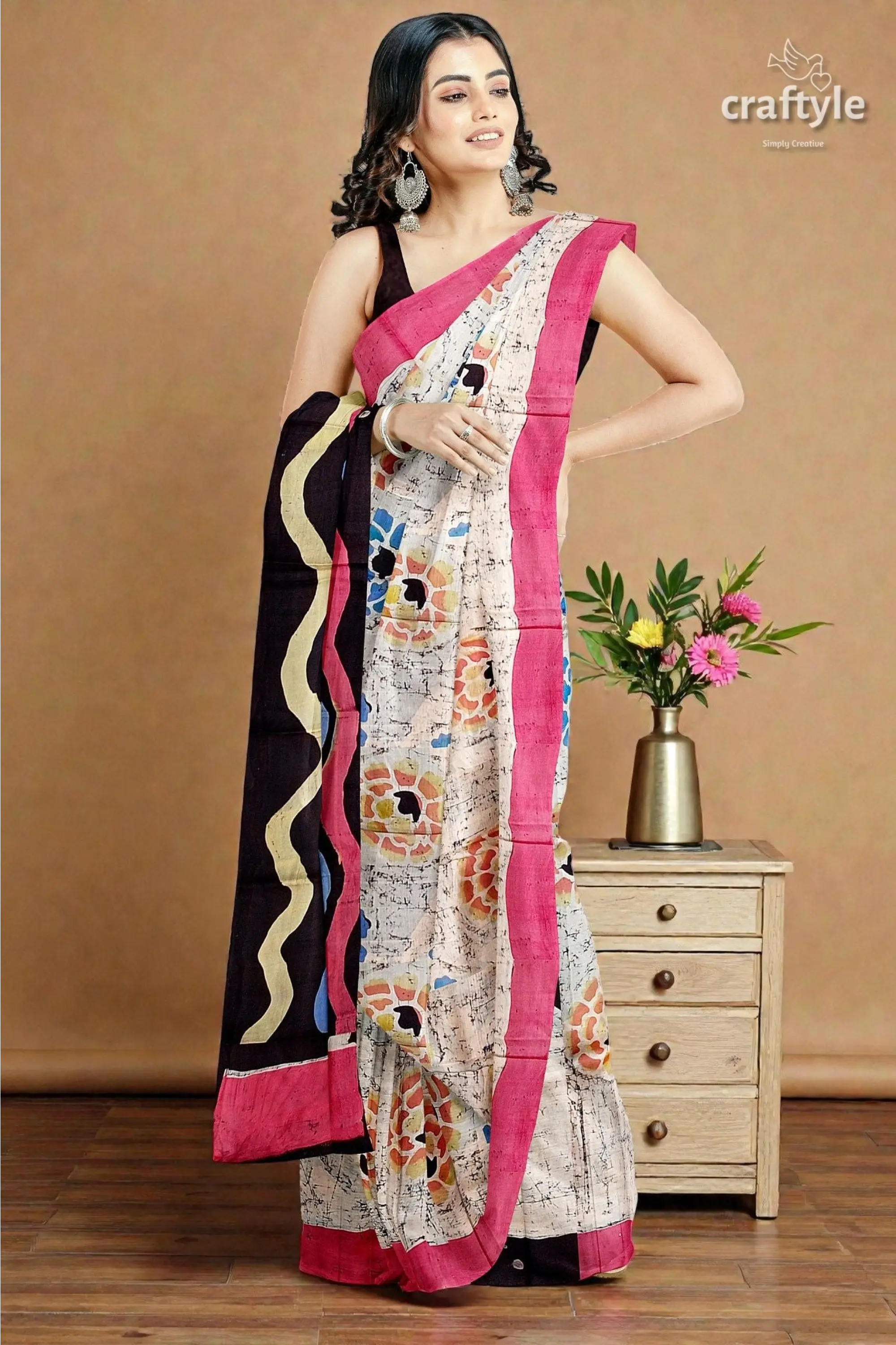 Sri krishna painted hand batik mulberry pure silk saree - 1