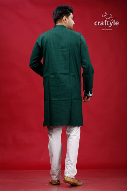 State green with white fish motif kantha cotton punjabi for men dark long-sleeved traditional kurta 5
