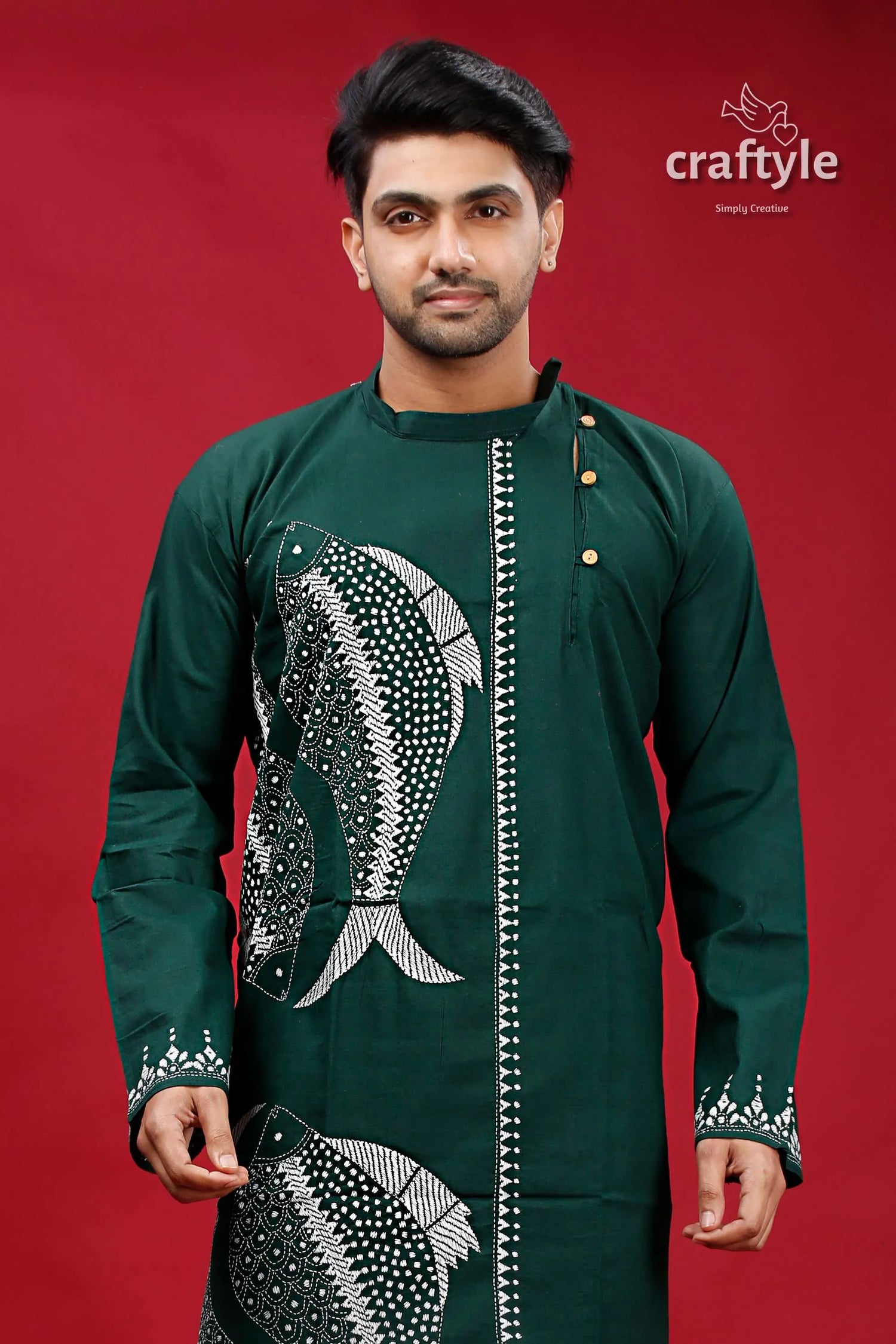State green with white fish motif kantha cotton punjabi for men dark traditional kurta intricate 2