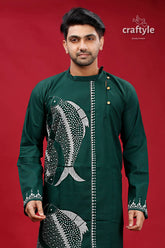 State green with white fish motif kantha cotton punjabi for men dark traditional kurta intricate 2
