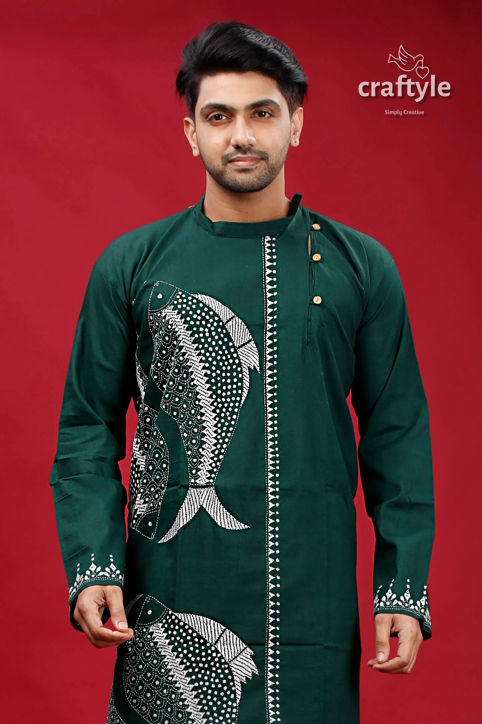 State green with white fish motif kantha cotton punjabi for men dark traditional kurta intricate 2