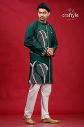 State green with white fish motif kantha cotton punjabi for men dark embroidered kurta 4