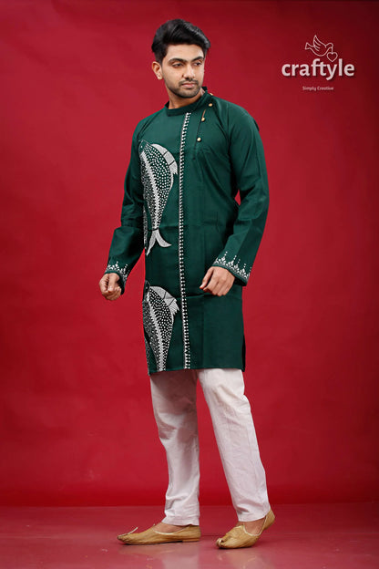 State green with white fish motif kantha cotton punjabi for men dark kurta intricate 3