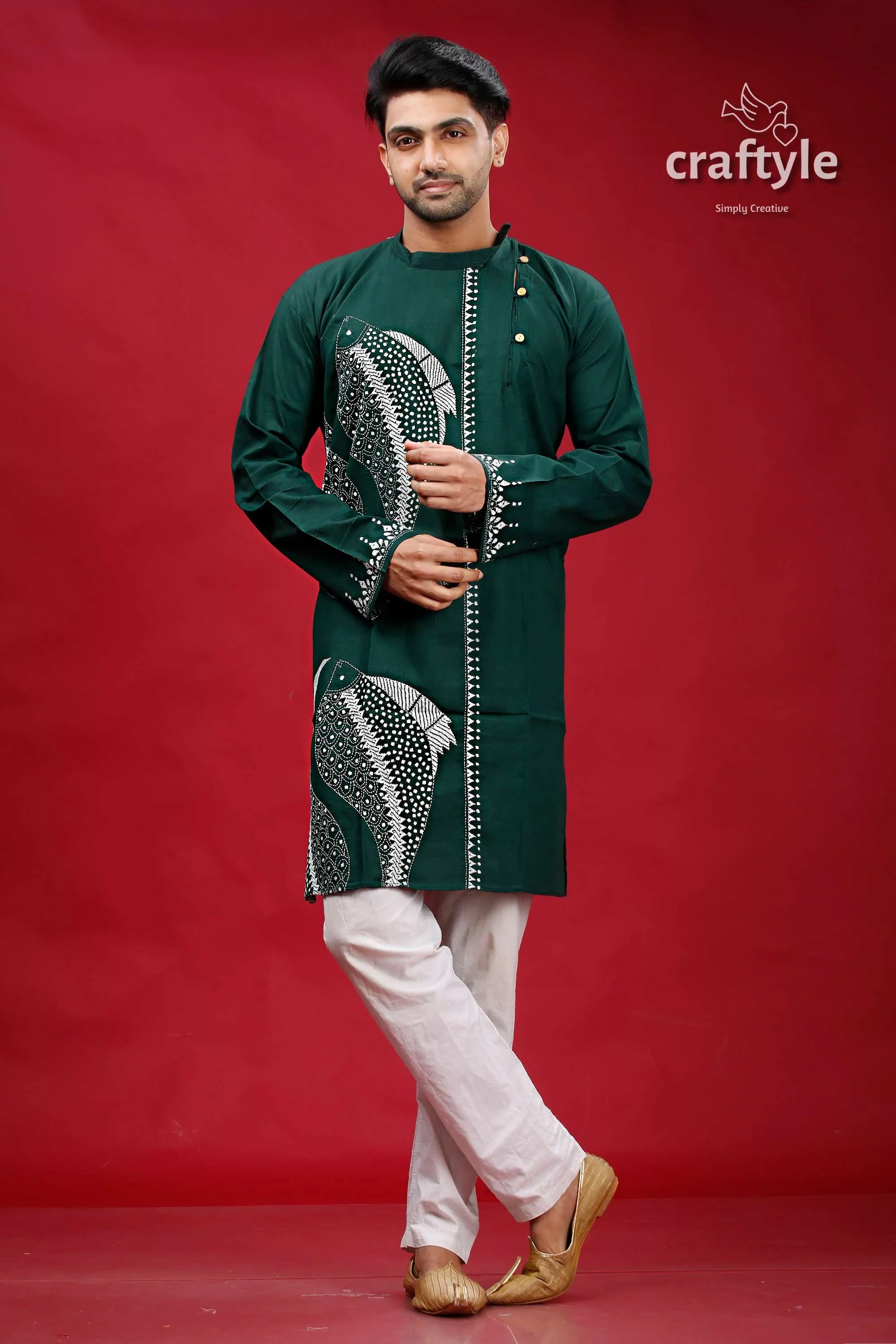 State green with white fish motif kantha cotton punjabi for men dark embroidered kurta 1