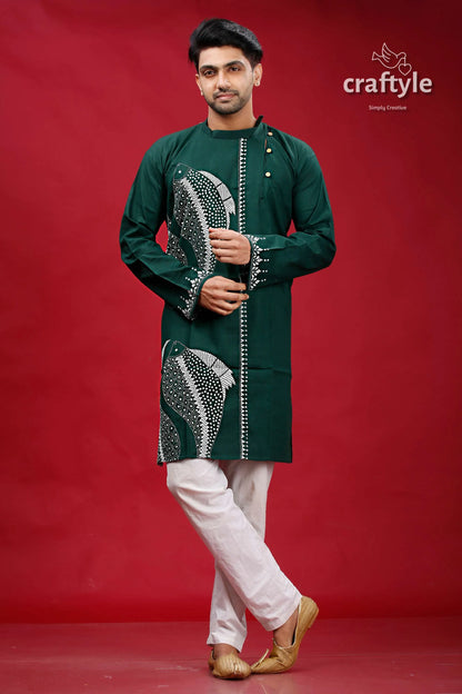 State green with white fish motif kantha cotton punjabi for men dark embroidered kurta 1
