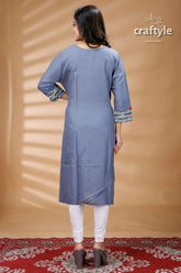 Steal teal and black kantha work cotton designer kurti woman’s blue kurta patterned sleeves 5