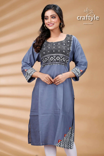 Steal teal and black kantha work cotton designer kurti gray embroidered tunic 2