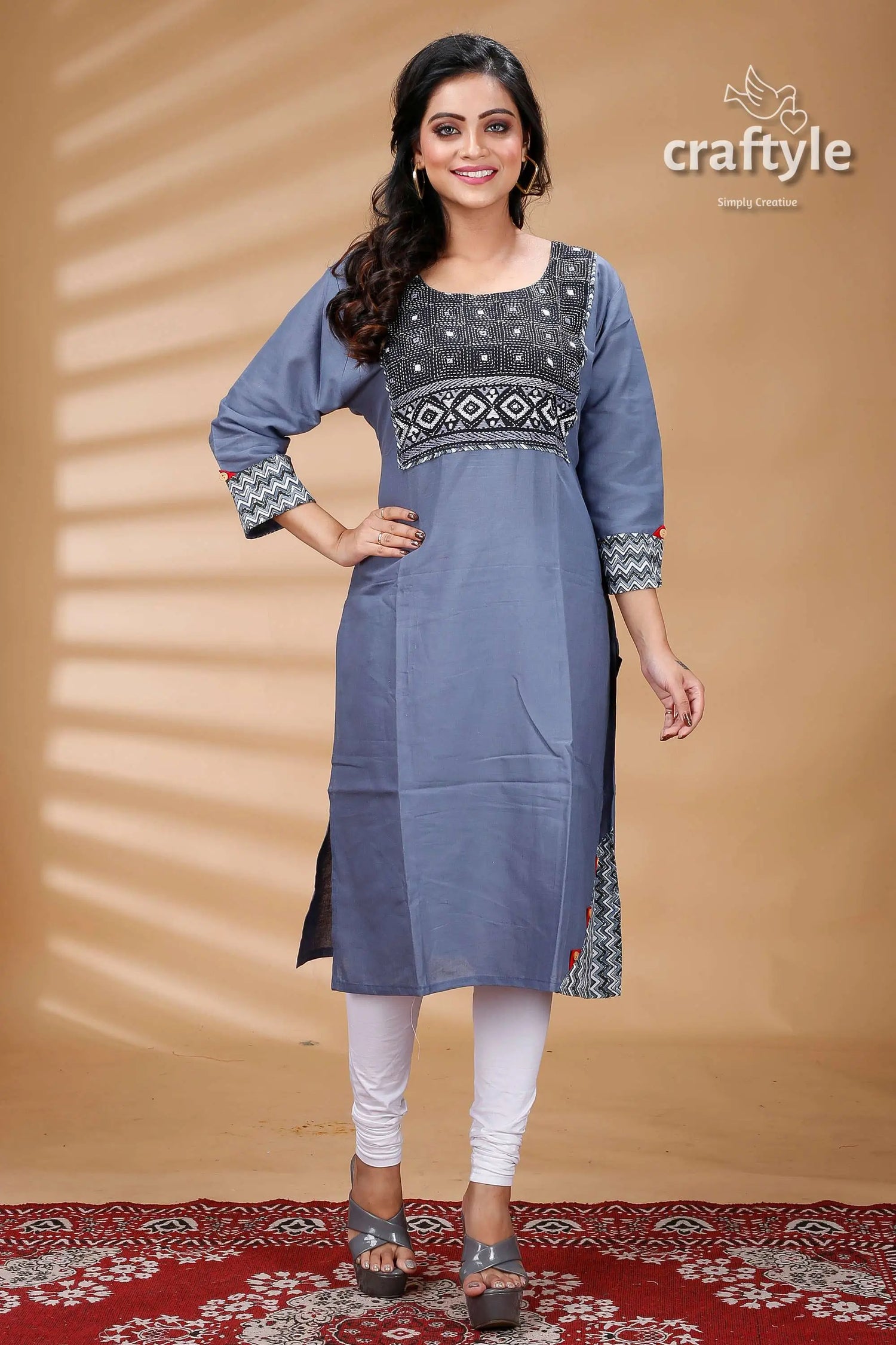 Steal teal and black kantha work cotton designer kurti woman’s blue patterned kurta 1