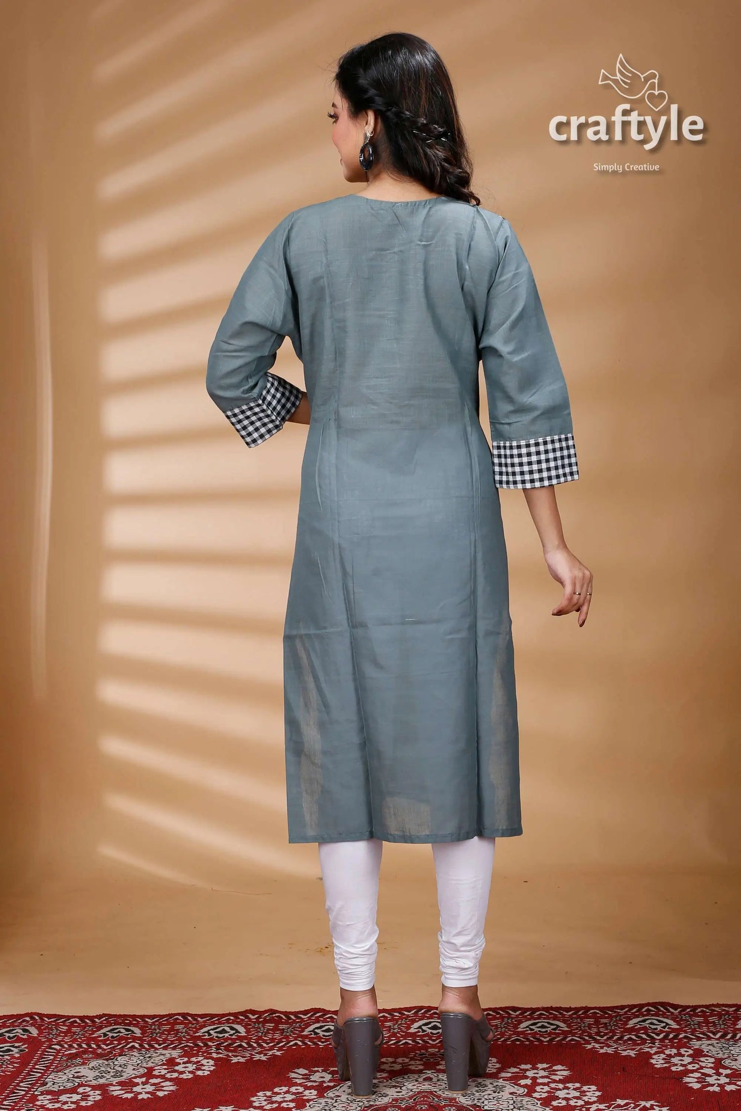 Steal teal kantha cotton kurti with check sleeves gray kurta checkered cuffs 6