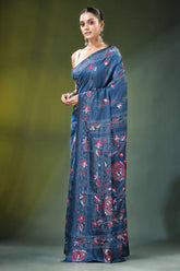 Steel blue ethnic design handmade kantha work silk saree navy adorned 3