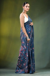 Steel blue ethnic design handmade kantha work silk saree navy intricate 4