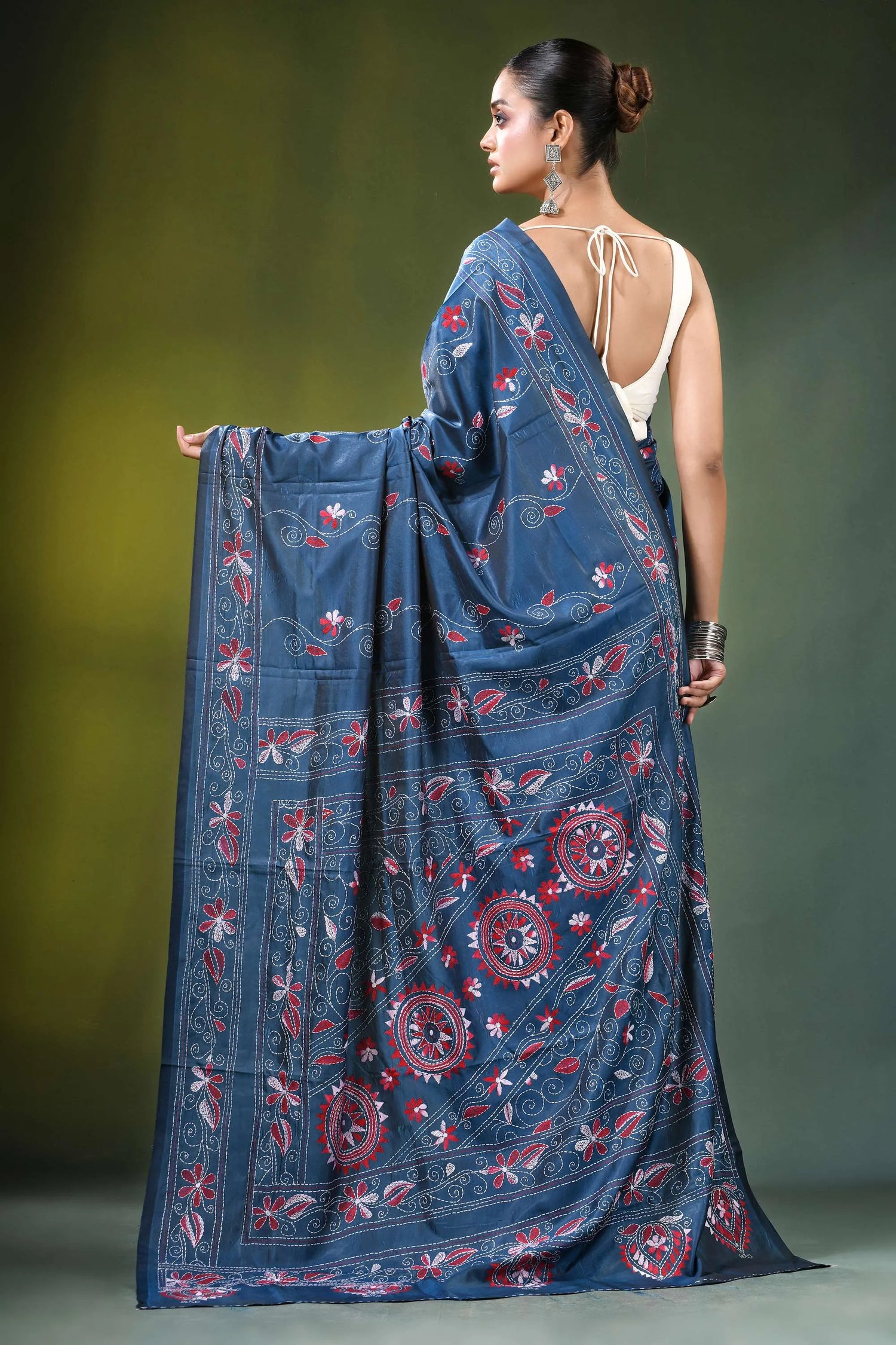 Steel blue ethnic design handmade kantha work silk saree navy intricate red 5