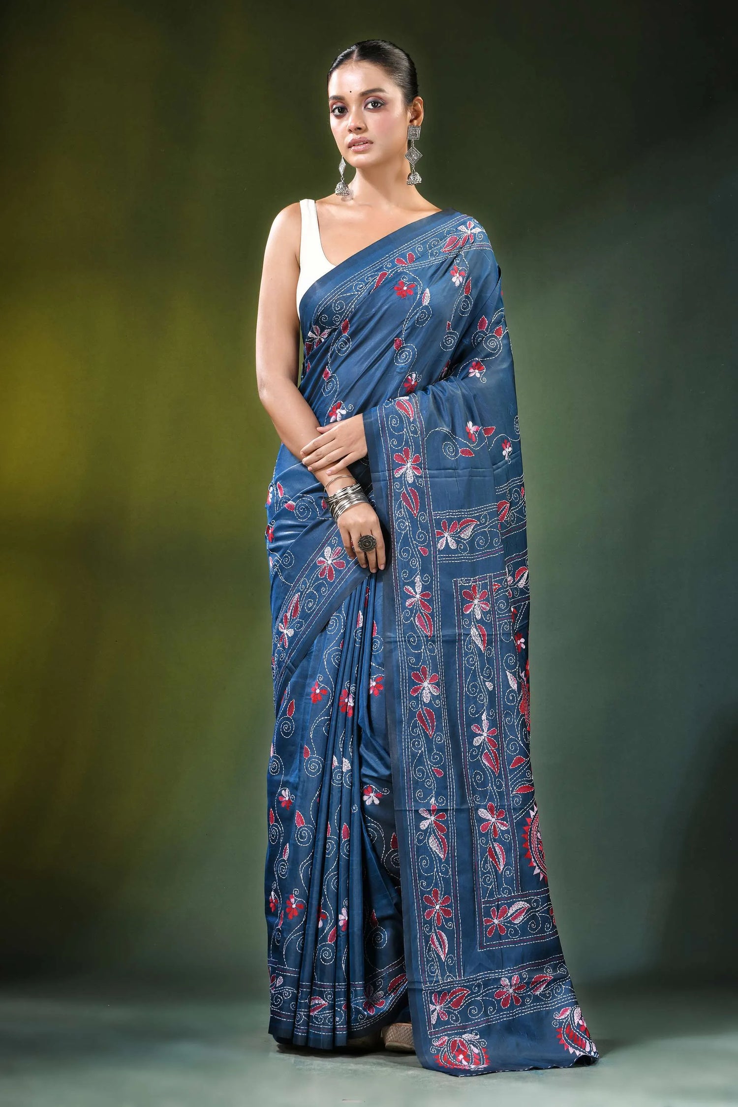 Steel blue ethnic design handmade kantha work silk saree navy intricate red 1