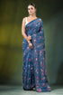 Steel blue ethnic design handmade kantha work silk saree navy intricate red 1