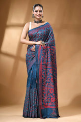 Steel blue floral design silk kantha stitch saree - hand embroidered navy blue saree intricate red 1
