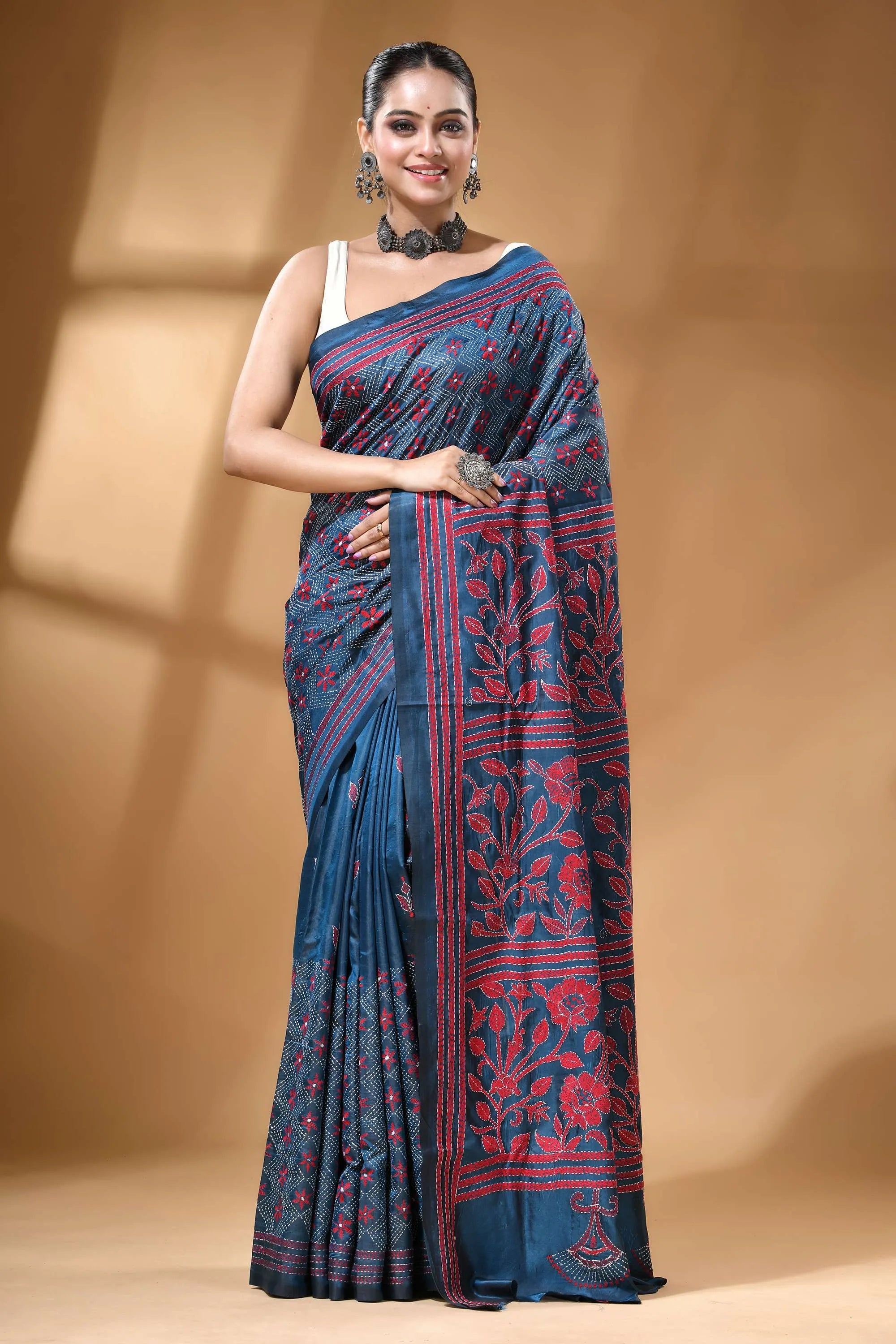 Steel blue floral design silk kantha stitch saree - hand embroidered navy blue saree intricate red 1