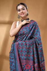 Steel blue floral design silk kantha stitch saree - hand embroidered navy blue saree intricate red 2
