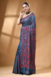 Steel blue floral design silk kantha stitch saree - hand embroidered navy blue saree intricate red 3