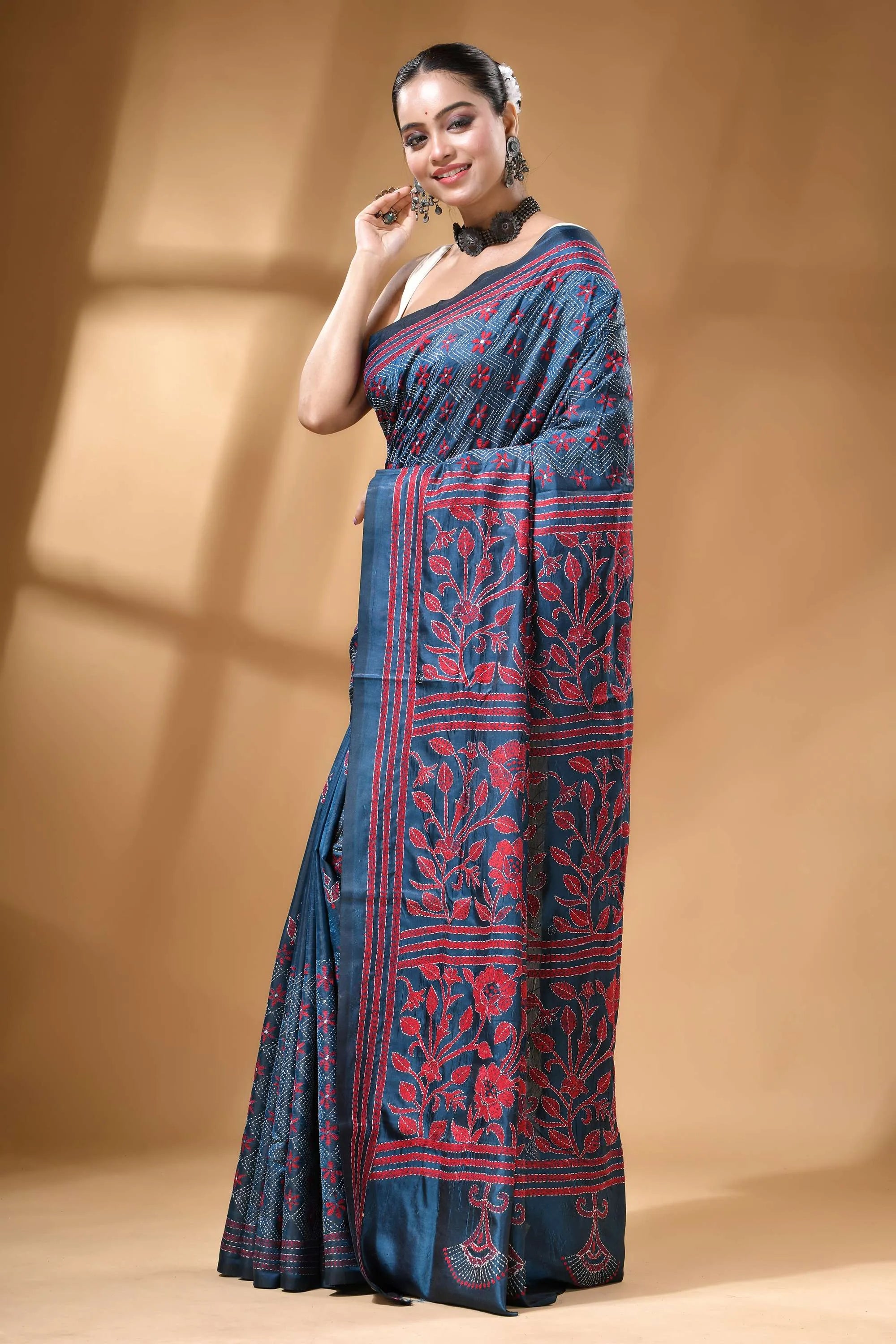 Steel blue floral design silk kantha stitch saree - hand embroidered navy blue saree intricate red 3