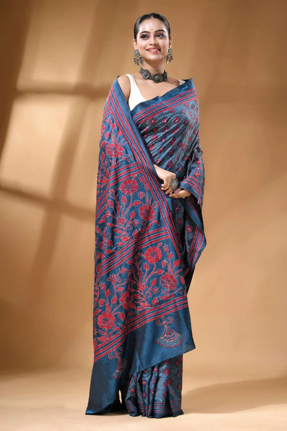 Steel blue floral design silk kantha stitch saree - hand embroidered navy blue silk saree intricate 4