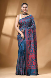 Steel blue floral design silk kantha stitch saree - hand embroidered woman wears navy blue saree 6