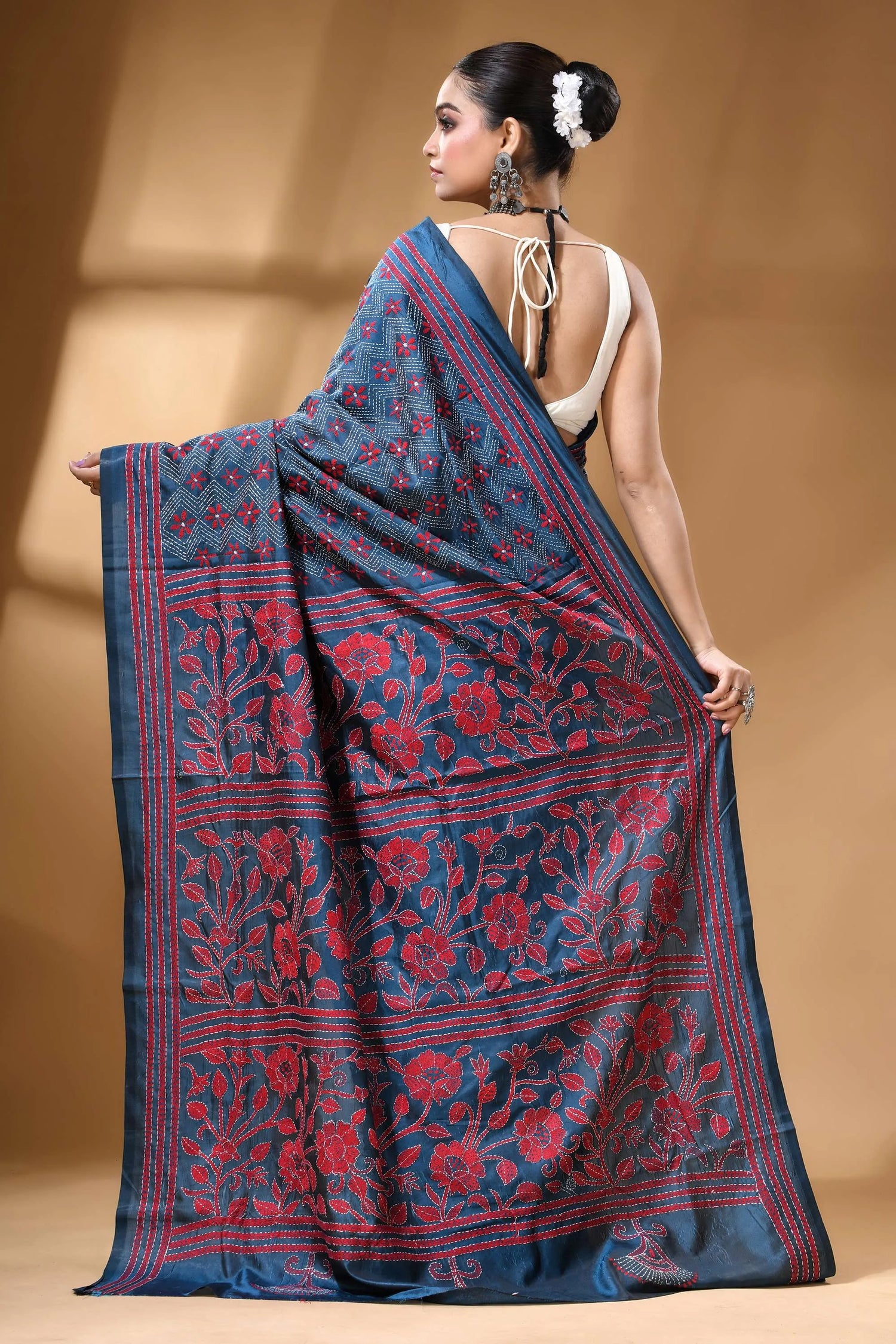 Steel blue floral design silk kantha stitch saree - hand embroidered navy blue silk saree intricate 5