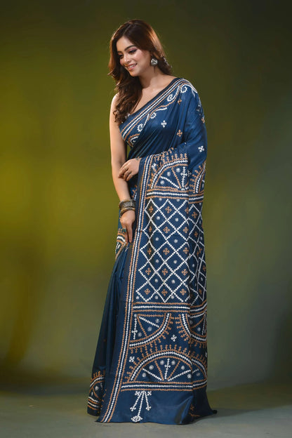 Steel blue hand embroidery traditional motif silk kutch work saree 3