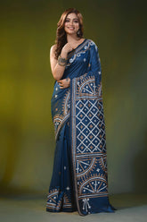 Steel blue hand embroidery traditional motif silk kutch work saree 6