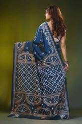 Steel blue hand embroidery traditional motif silk kutch work saree 5