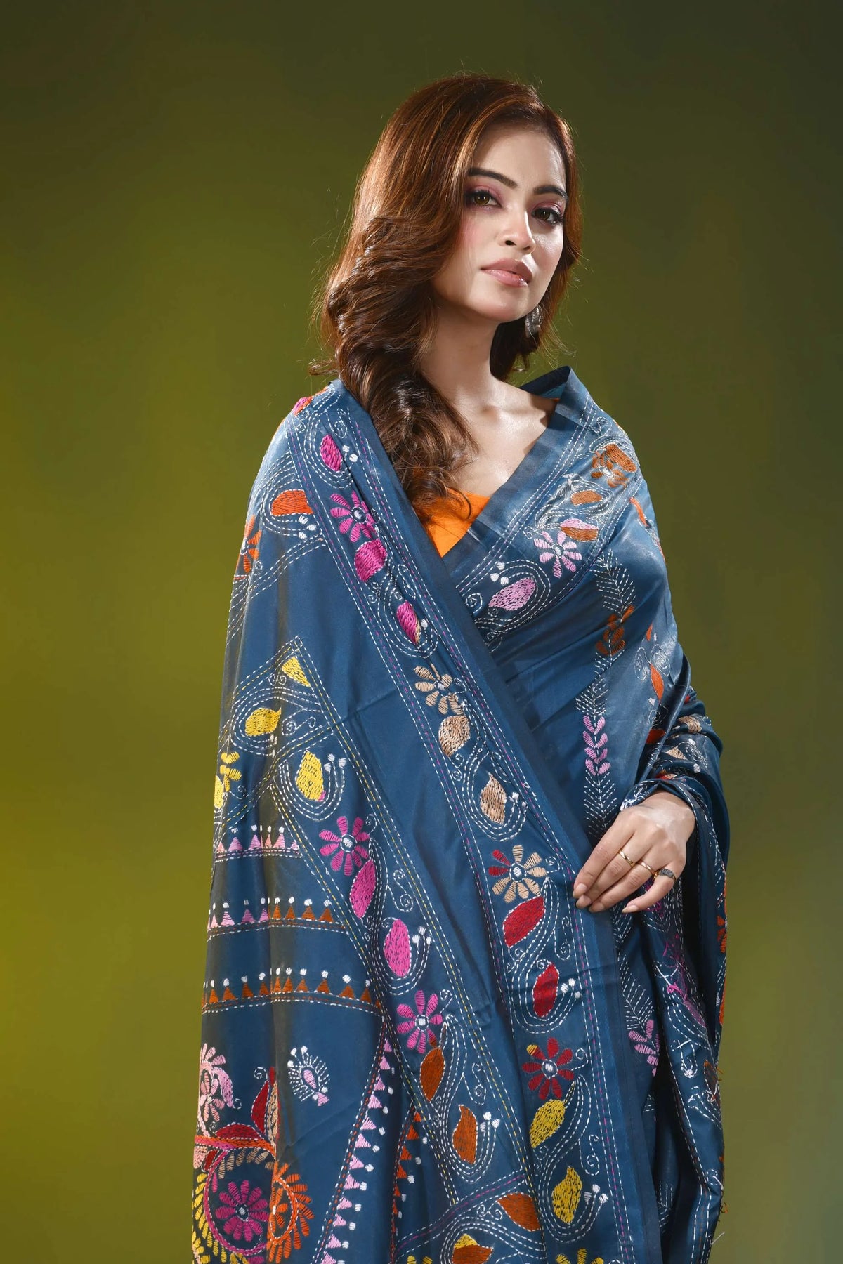 Steel blue handcrafted kantha silk saree with paisley floral motif 2