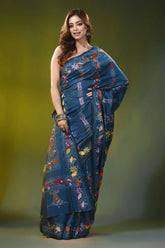 Steel blue handcrafted kantha silk saree with paisley floral motif 4