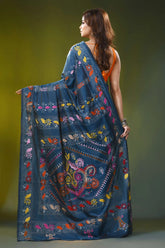 Steel blue handcrafted kantha silk saree with paisley floral motif 5