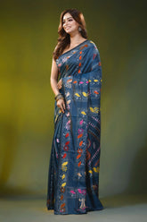Steel blue handcrafted kantha silk saree with paisley floral motif 3