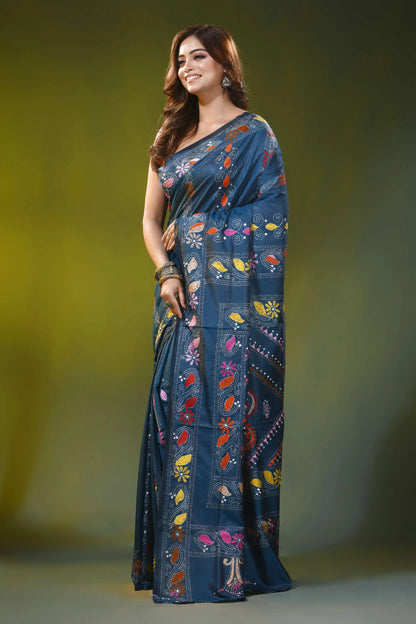 Steel blue handcrafted kantha silk saree with paisley floral motif 3