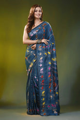 Steel blue handcrafted kantha silk saree with paisley floral motif 6