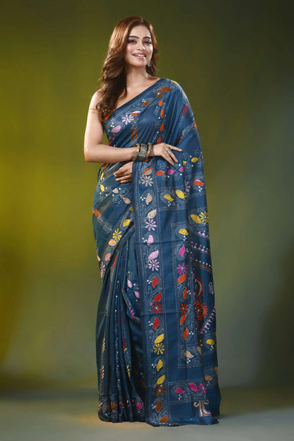 Steel blue handcrafted kantha silk saree with paisley floral motif 6