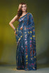 Steel blue handcrafted kantha silk saree with paisley floral motif 1
