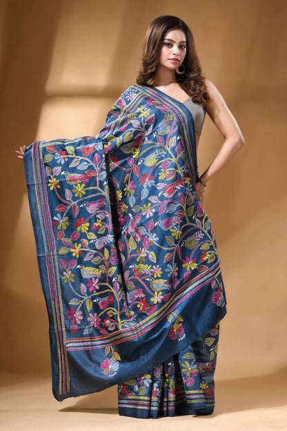 Steel blue multicolor thread bird motif hand silk kantha stitch saree rich navy blue silk saree 5
