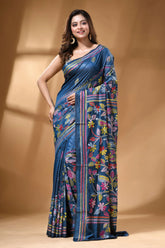 Steel blue multicolor thread bird motif hand silk kantha stitch saree vibrant blue silk saree adorned 6