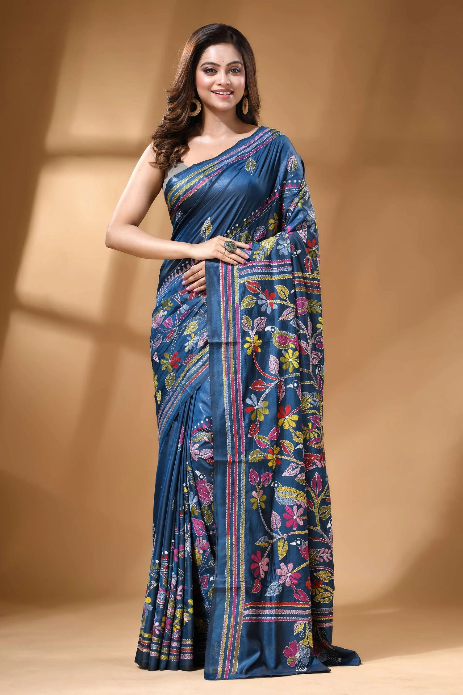 Steel blue multicolor thread bird motif hand silk kantha stitch saree vibrant blue silk saree adorned 1