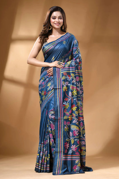 Steel blue multicolor thread bird motif hand silk kantha stitch saree vibrant blue silk saree adorned 1