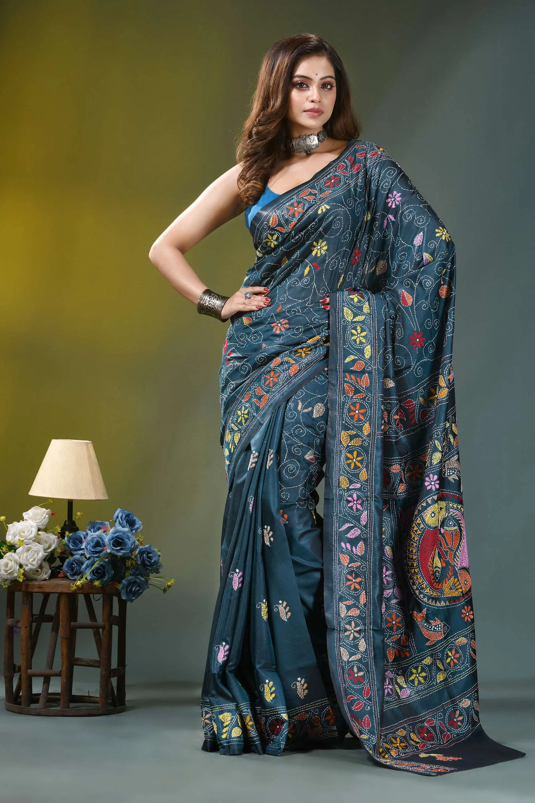 Steel grey fish motif silk kantha saree - exclusive hand embroidery dark teal silk saree adorned 1