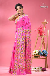 Steel pink elegant gujrati stitch silk sari pink saree geometric patterns 6