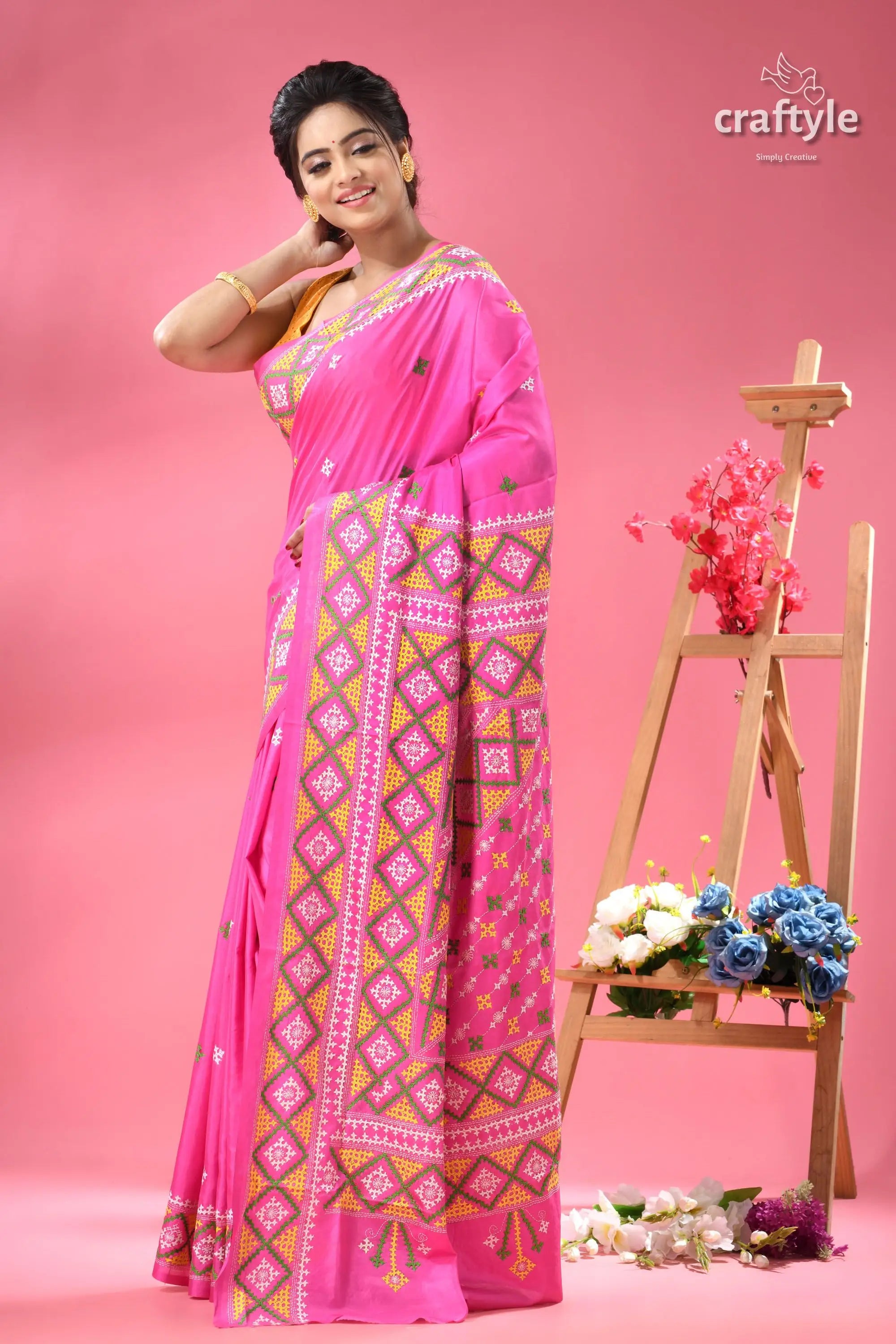 Steel pink elegant gujrati stitch silk sari pink saree geometric patterns 6