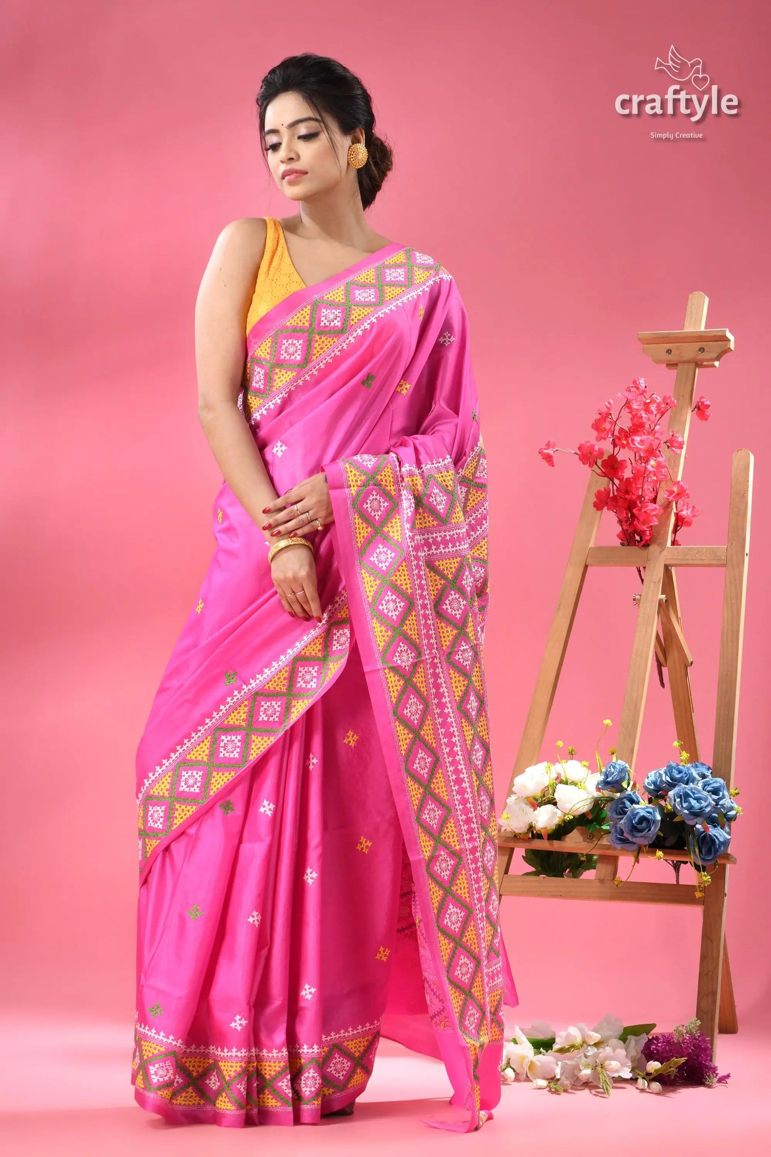 Steel pink elegant gujrati stitch silk sari woman pink saree yellow blouse 3