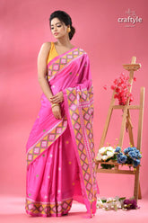 Steel pink elegant gujrati stitch silk sari woman pink saree yellow blouse 3