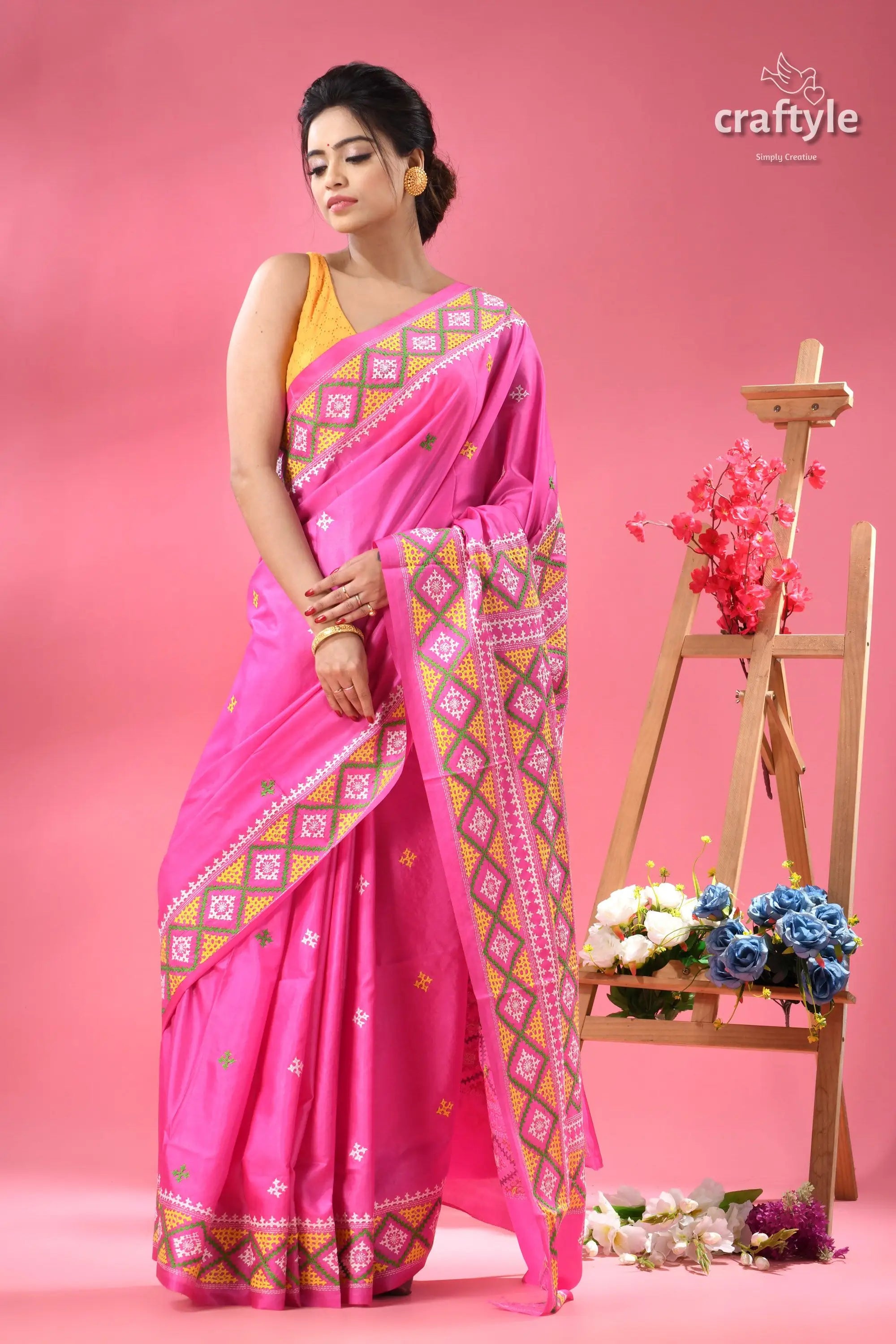 Steel pink elegant gujrati stitch silk sari woman pink saree yellow blouse 3
