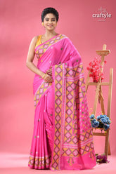 Steel pink elegant gujrati stitch silk sari woman vibrant pink saree intricate 7